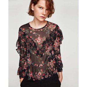NWT ZARA Chiffon Blouse Frills Ruffled L Floral